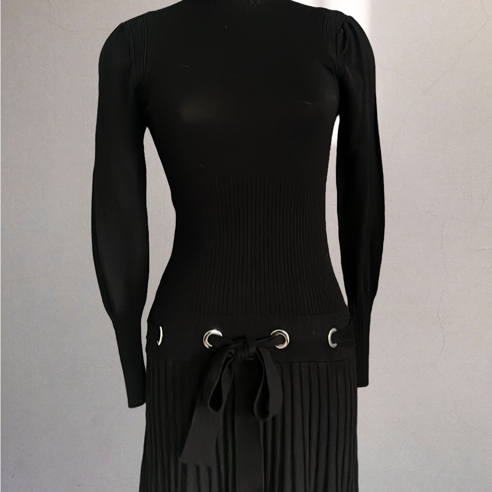 Black long sleeve knit dress with sweet grommet and tie detail, Venus, Sz M